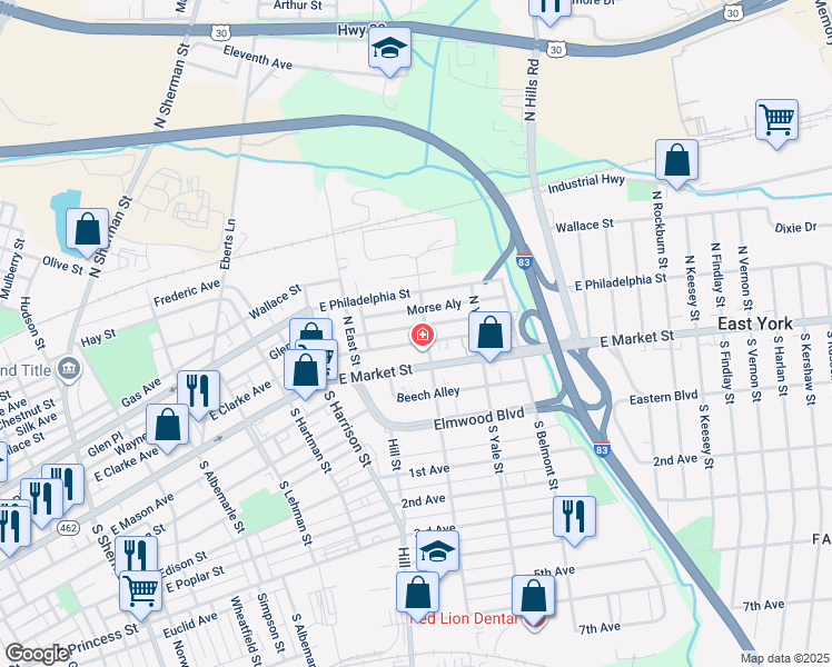 map of restaurants, bars, coffee shops, grocery stores, and more near 1488 Wayne Avenue in York