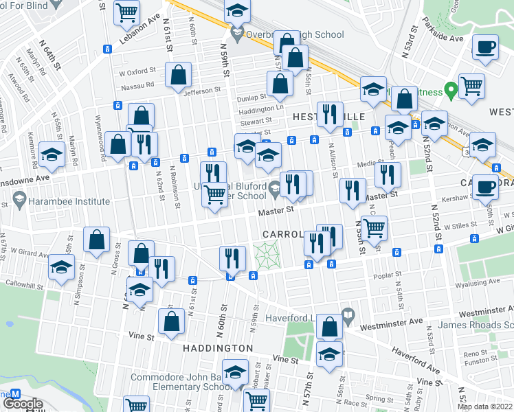 map of restaurants, bars, coffee shops, grocery stores, and more near 1413 North Hobart Street in Philadelphia