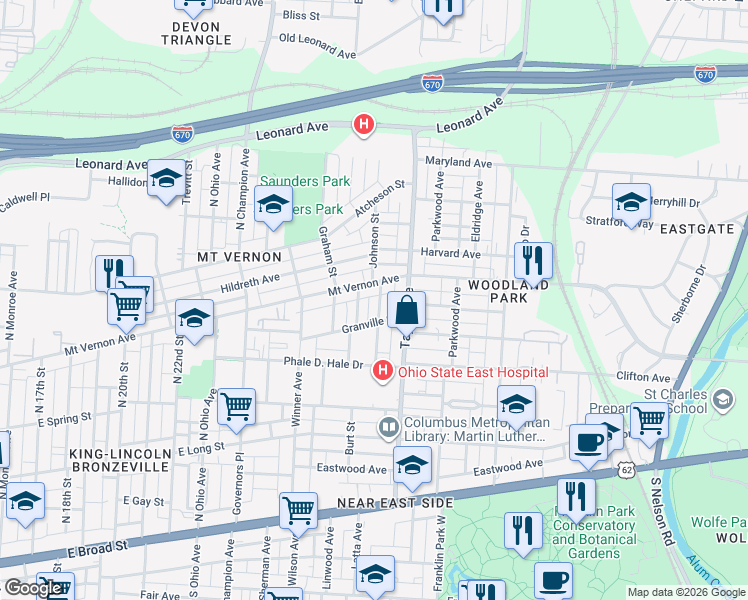 map of restaurants, bars, coffee shops, grocery stores, and more near 3241 Johnson Street in Columbus