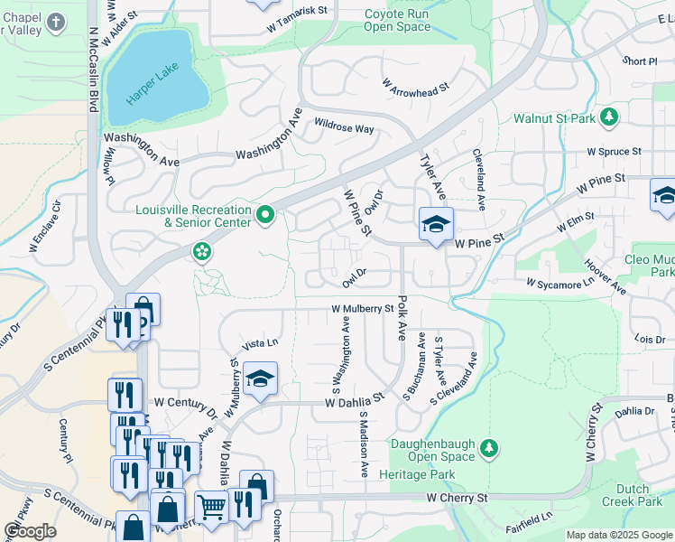 map of restaurants, bars, coffee shops, grocery stores, and more near 356 Owl Drive in Louisville