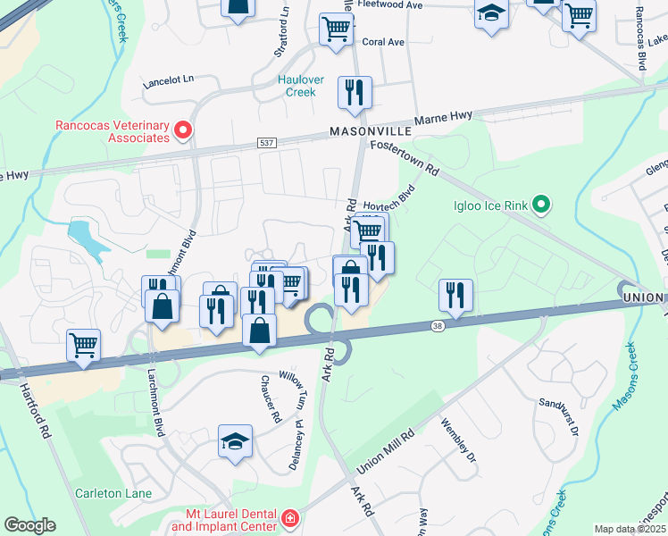 map of restaurants, bars, coffee shops, grocery stores, and more near 101A Thornwood Drive in Mount Laurel Township