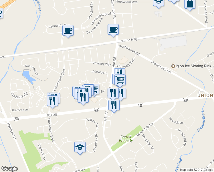 map of restaurants, bars, coffee shops, grocery stores, and more near 101A Thornwood Drive in Mount Laurel Township