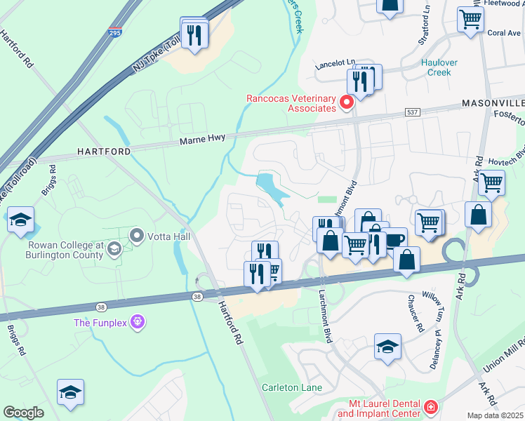 map of restaurants, bars, coffee shops, grocery stores, and more near 2717A Sussex Court in Mount Laurel Township