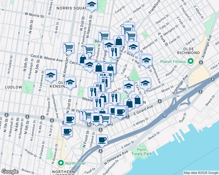 map of restaurants, bars, coffee shops, grocery stores, and more near in Philadelphia