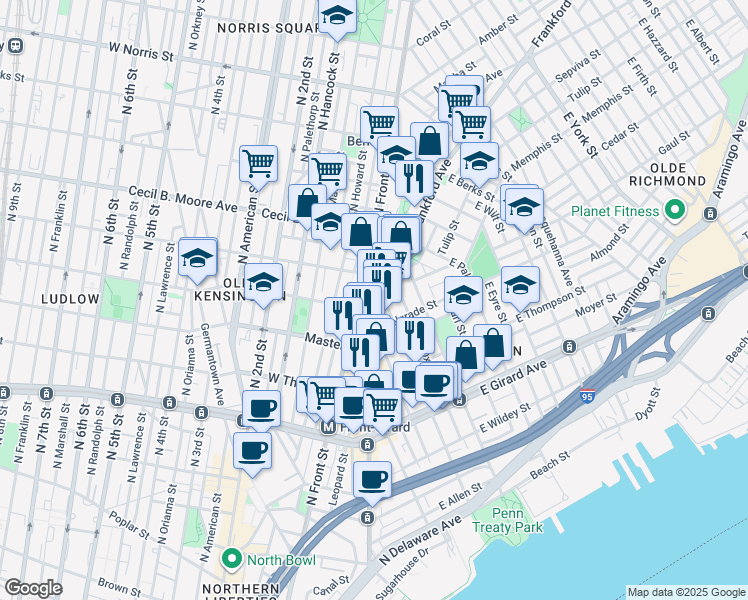 map of restaurants, bars, coffee shops, grocery stores, and more near in Philadelphia
