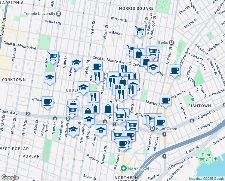 map of restaurants, bars, coffee shops, grocery stores, and more near 1438 Germantown Avenue in Philadelphia