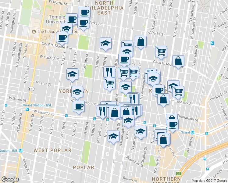 map of restaurants, bars, coffee shops, grocery stores, and more near in Philadelphia