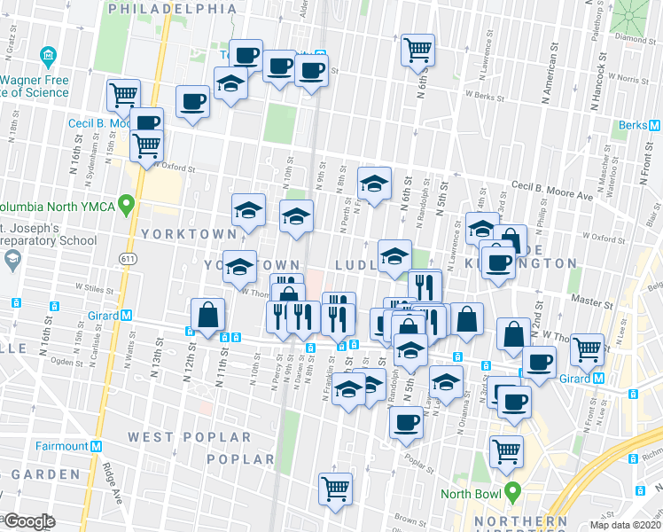 map of restaurants, bars, coffee shops, grocery stores, and more near 1412 North Franklin Street in Philadelphia