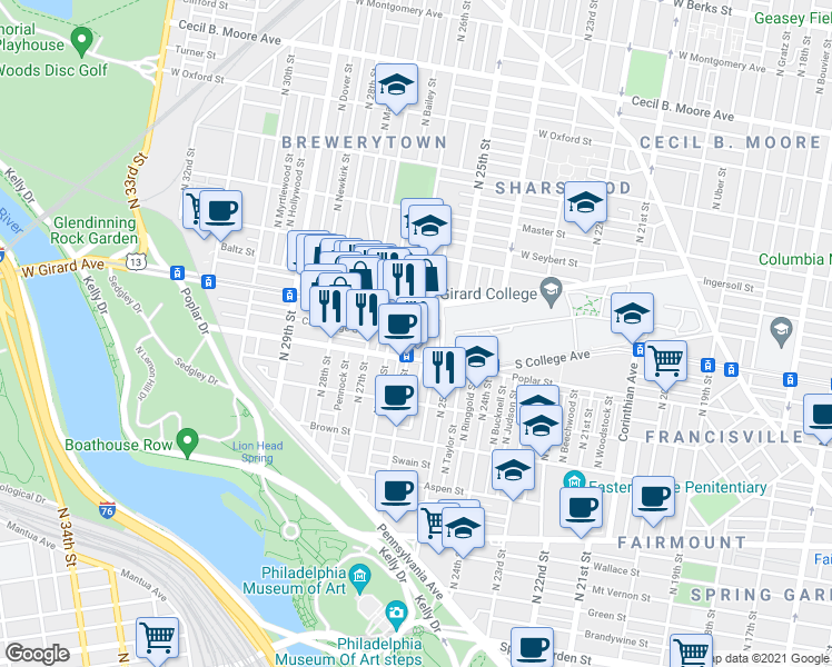 map of restaurants, bars, coffee shops, grocery stores, and more near 2511 West Girard Avenue in Philadelphia