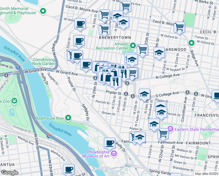 map of restaurants, bars, coffee shops, grocery stores, and more near in Philadelphia