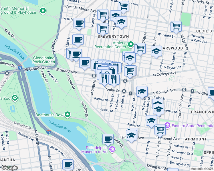 map of restaurants, bars, coffee shops, grocery stores, and more near 2728 Cambridge Street in Philadelphia
