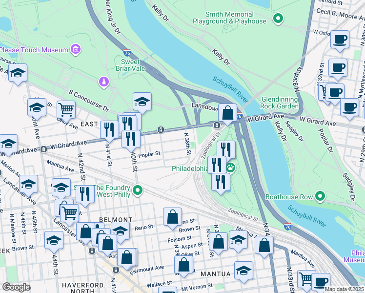map of restaurants, bars, coffee shops, grocery stores, and more near 3813 Poplar Street in Philadelphia