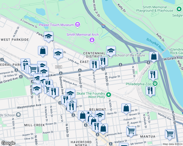 map of restaurants, bars, coffee shops, grocery stores, and more near in Philadelphia