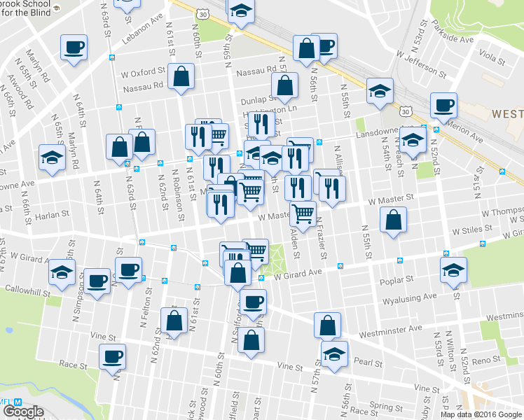 map of restaurants, bars, coffee shops, grocery stores, and more near 1414 North Wanamaker Street in Philadelphia