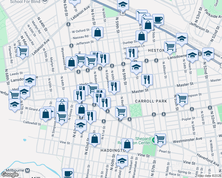 map of restaurants, bars, coffee shops, grocery stores, and more near 1432 North 60th Street in Philadelphia