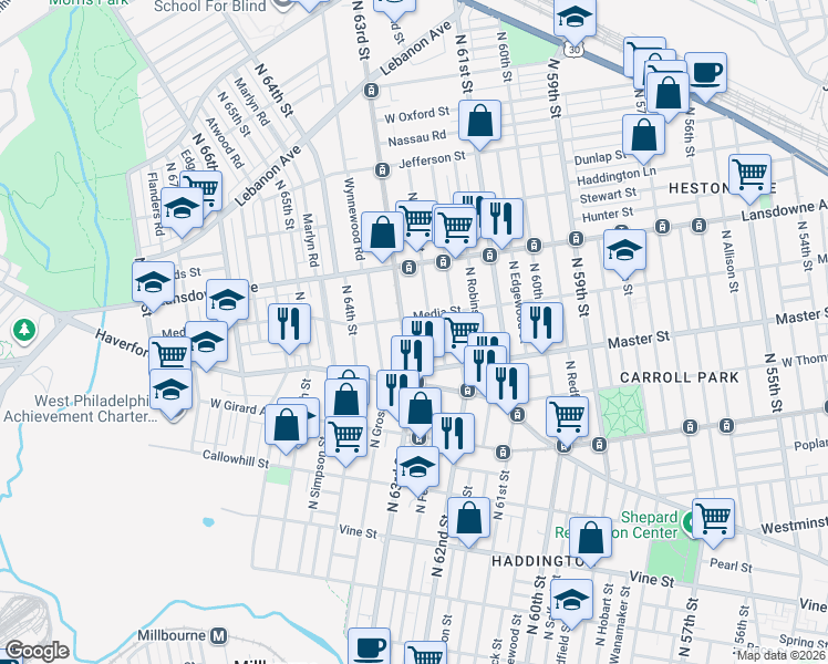 map of restaurants, bars, coffee shops, grocery stores, and more near 1456 North Felton Street in Philadelphia
