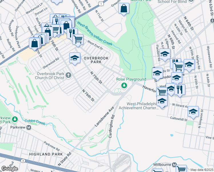 map of restaurants, bars, coffee shops, grocery stores, and more near 7474 Rhoads Street in Philadelphia