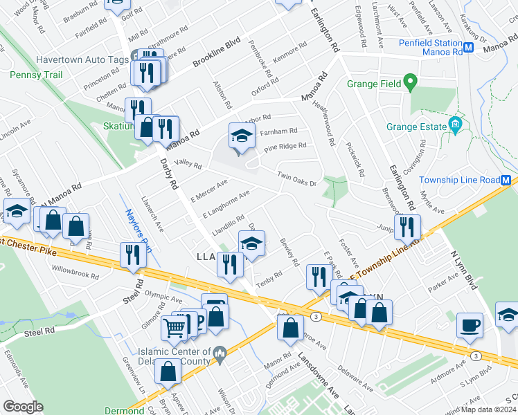 map of restaurants, bars, coffee shops, grocery stores, and more near 34 Llandillo Road in Havertown