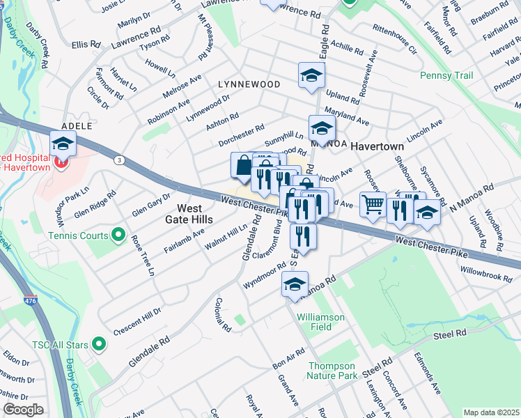 map of restaurants, bars, coffee shops, grocery stores, and more near in Havertown