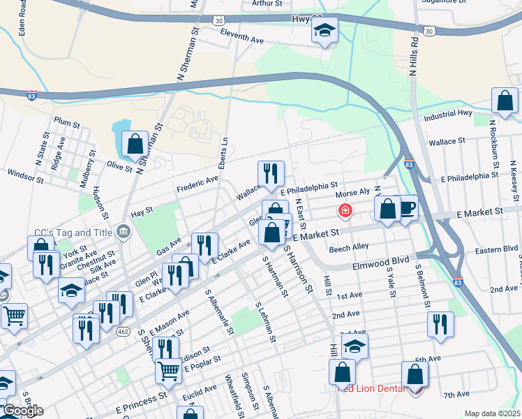 map of restaurants, bars, coffee shops, grocery stores, and more near 1254 Glen Place in York
