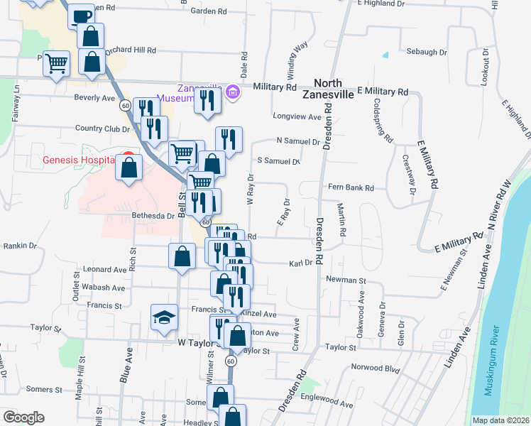 map of restaurants, bars, coffee shops, grocery stores, and more near 2760 West Ray Drive in Zanesville