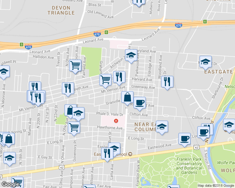 map of restaurants, bars, coffee shops, grocery stores, and more near 3241 Johnson Street in Columbus