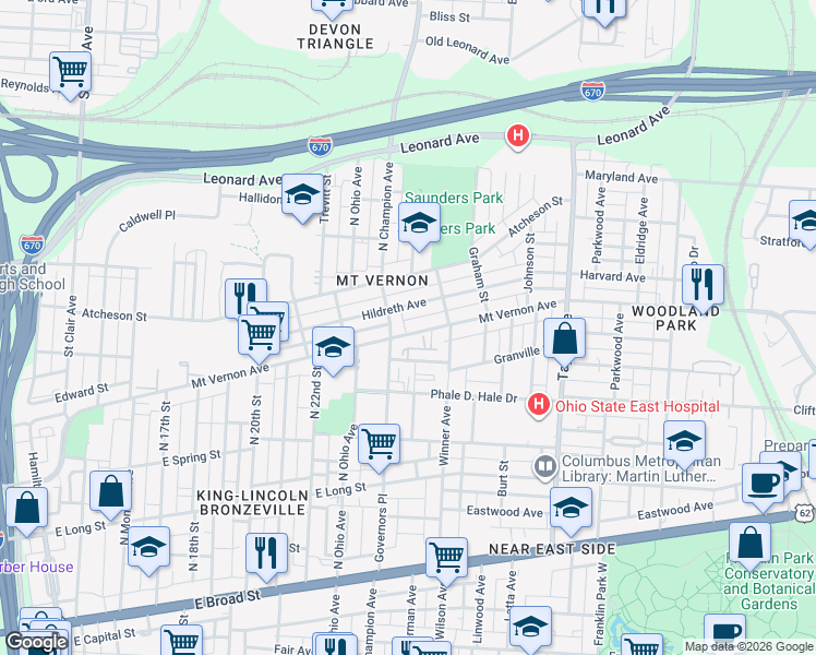 map of restaurants, bars, coffee shops, grocery stores, and more near 1290 Mount Vernon Avenue in Columbus
