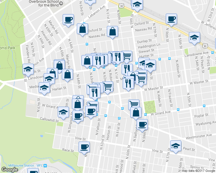 map of restaurants, bars, coffee shops, grocery stores, and more near 1443 North 62nd Street in Philadelphia