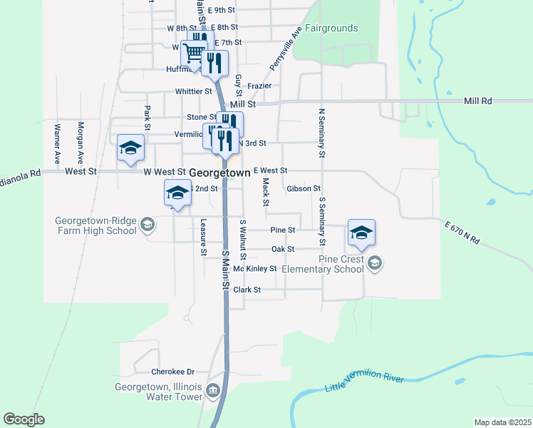 map of restaurants, bars, coffee shops, grocery stores, and more near 301 East Mulberry Street in Georgetown