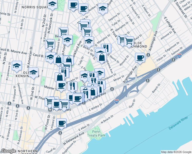 map of restaurants, bars, coffee shops, grocery stores, and more near 1339 East Eyre Street in Philadelphia