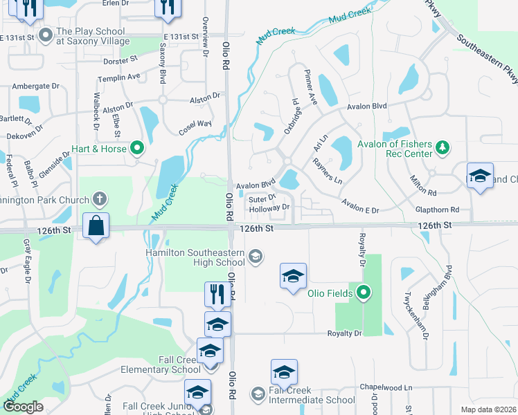map of restaurants, bars, coffee shops, grocery stores, and more near 12668 Hollice Lane in Fishers