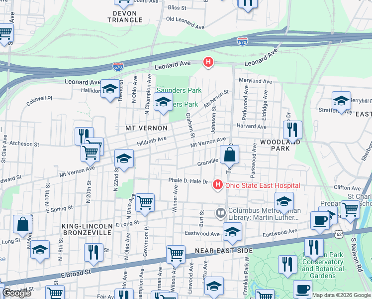 map of restaurants, bars, coffee shops, grocery stores, and more near 1395 Mount Vernon Avenue in Columbus
