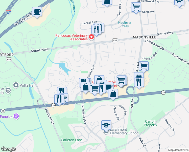 map of restaurants, bars, coffee shops, grocery stores, and more near 902B Sedgefield Drive in Mount Laurel Township