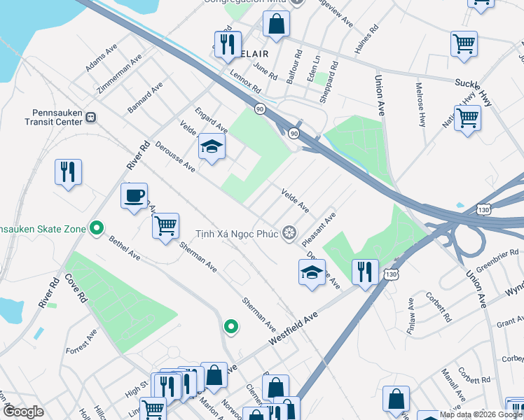 map of restaurants, bars, coffee shops, grocery stores, and more near 7323 Boulevard Avenue in Pennsauken Township