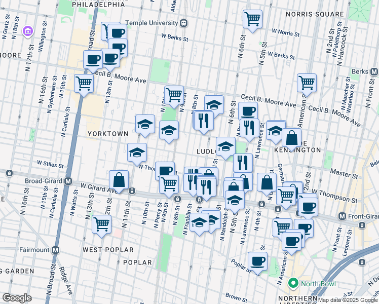 map of restaurants, bars, coffee shops, grocery stores, and more near 1405 North 8th Street in Philadelphia
