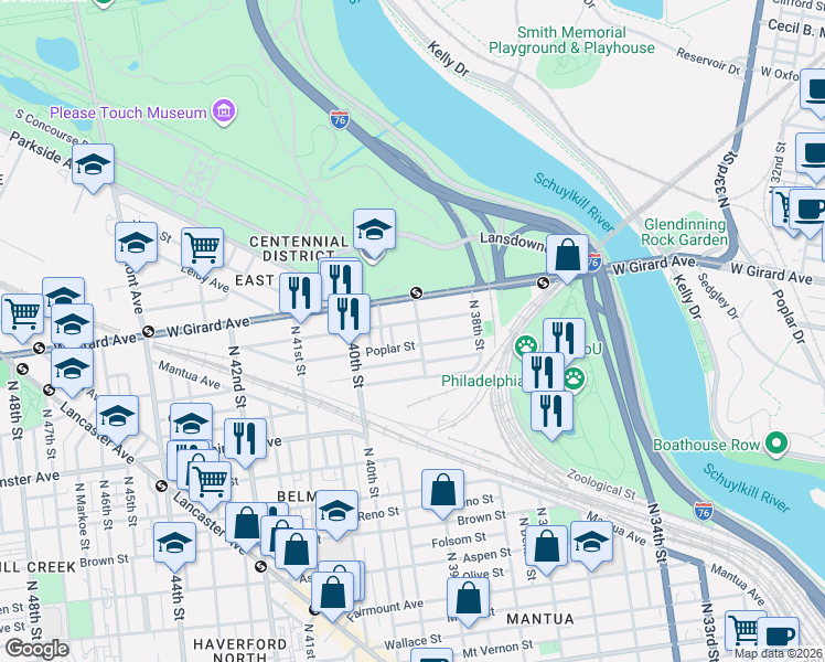 map of restaurants, bars, coffee shops, grocery stores, and more near 1129 State Street in Philadelphia