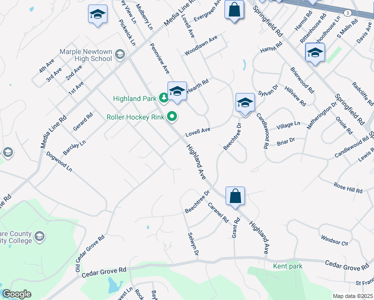 map of restaurants, bars, coffee shops, grocery stores, and more near 2794 Highland Avenue in Broomall