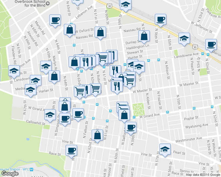 map of restaurants, bars, coffee shops, grocery stores, and more near 1432 North Edgewood Street in Philadelphia