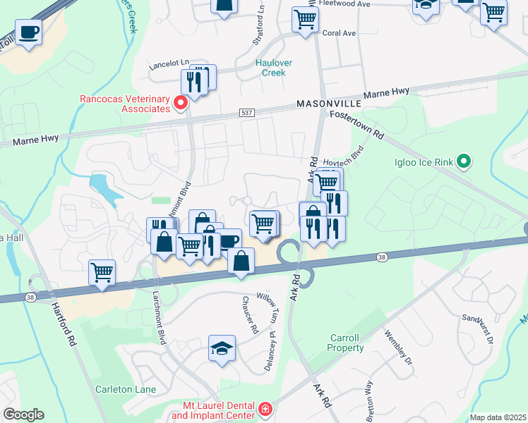 map of restaurants, bars, coffee shops, grocery stores, and more near 992A Scotswood Court in Mount Laurel Township
