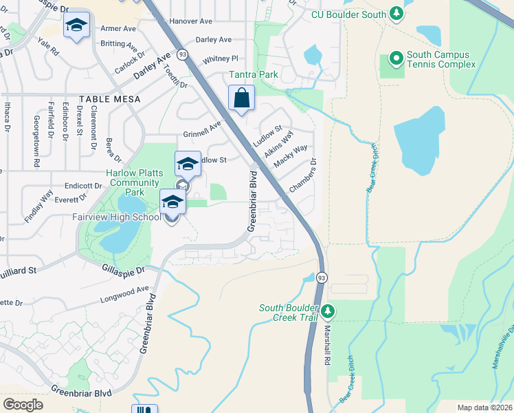 map of restaurants, bars, coffee shops, grocery stores, and more near 1540 Chambers Drive in Boulder