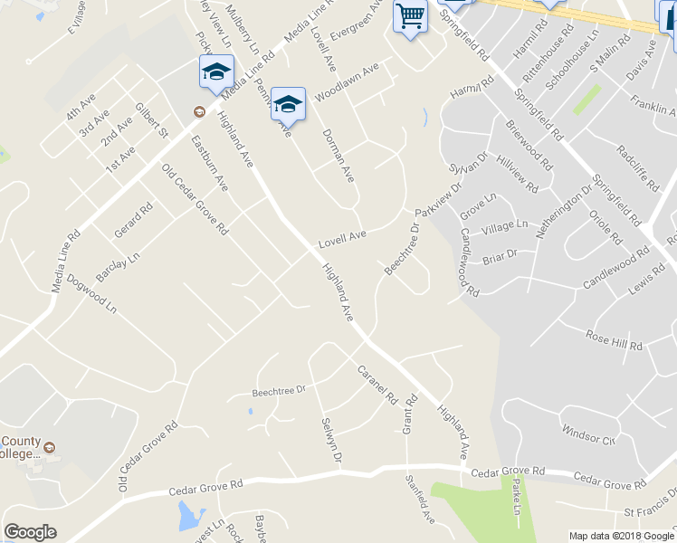 map of restaurants, bars, coffee shops, grocery stores, and more near 2791 Highland Avenue in Broomall