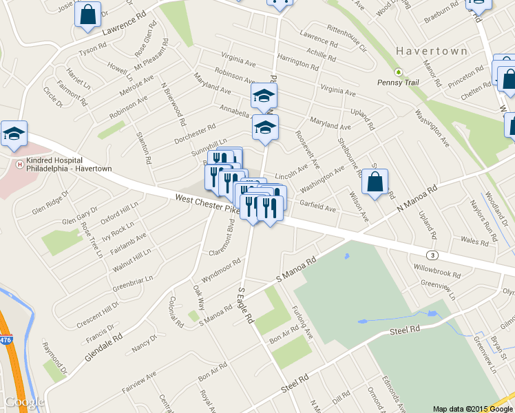 map of restaurants, bars, coffee shops, grocery stores, and more near 11 North Eagle Road in Havertown