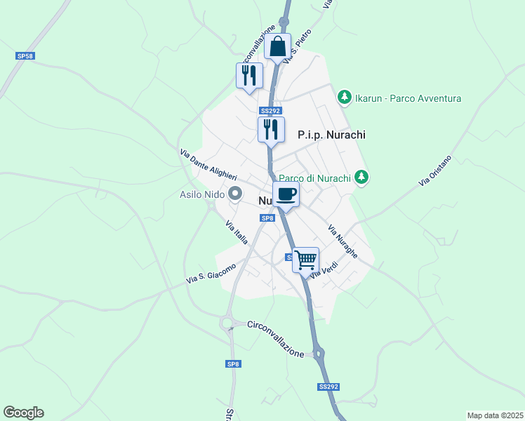 map of restaurants, bars, coffee shops, grocery stores, and more near 9 Via Nuoro in Nurachi