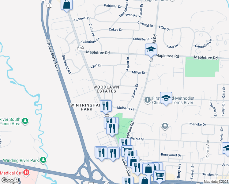 map of restaurants, bars, coffee shops, grocery stores, and more near 1056 Mulberry Place in Toms River