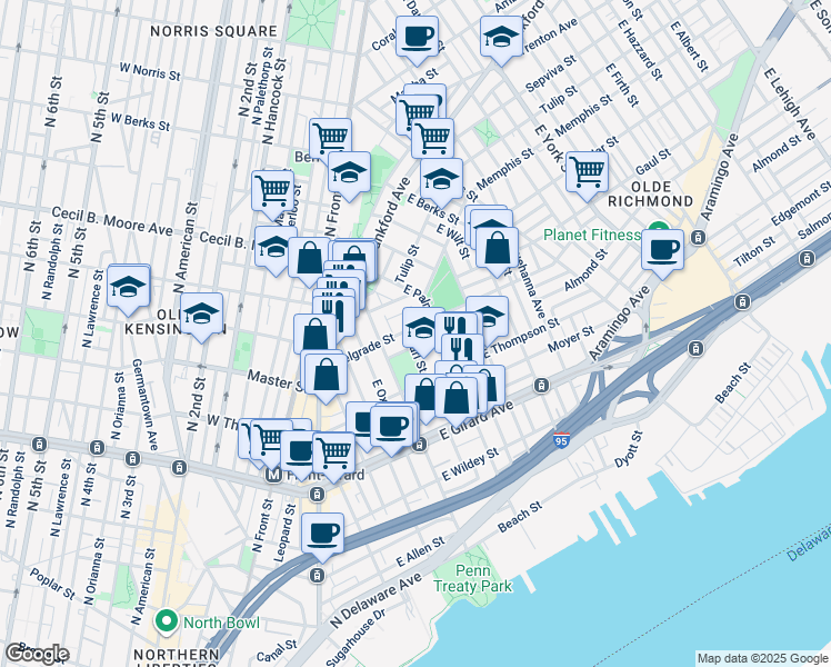 map of restaurants, bars, coffee shops, grocery stores, and more near 436 Belgrade Street in Philadelphia
