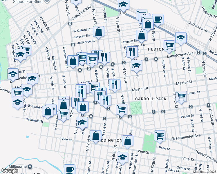 map of restaurants, bars, coffee shops, grocery stores, and more near 1432 North Edgewood Street in Philadelphia