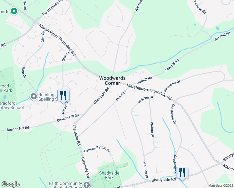 map of restaurants, bars, coffee shops, grocery stores, and more near 1512 Delong Drive in Chester County