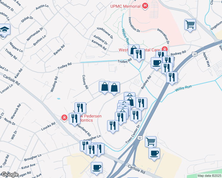 map of restaurants, bars, coffee shops, grocery stores, and more near 1880 Loucks Road in Shiloh