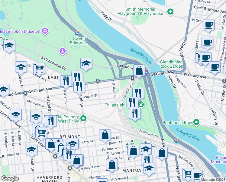 map of restaurants, bars, coffee shops, grocery stores, and more near 3803 Poplar Street in Philadelphia