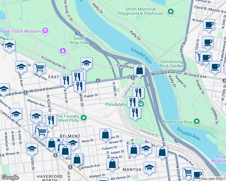 map of restaurants, bars, coffee shops, grocery stores, and more near 3805 Poplar Street in Philadelphia